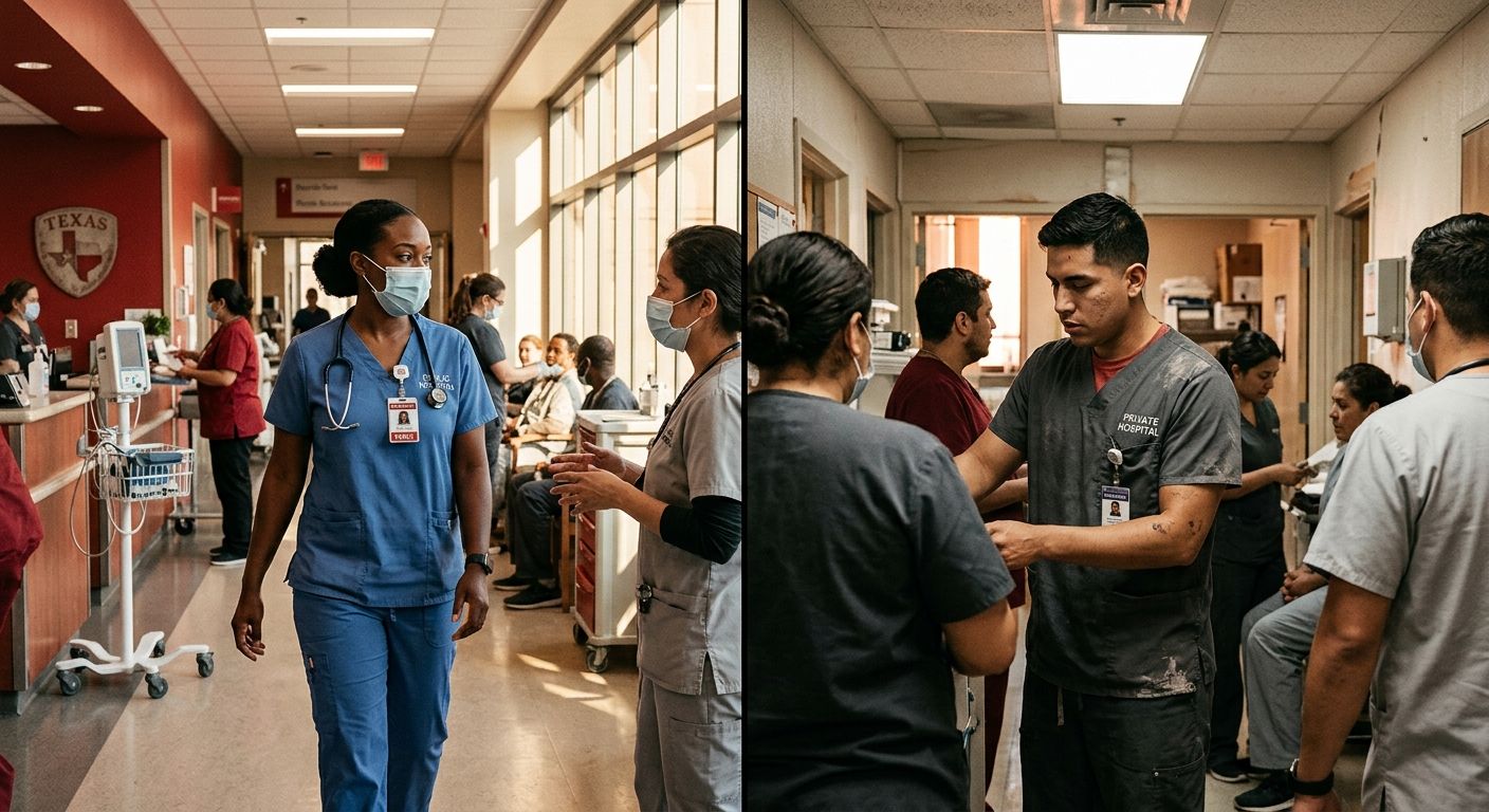 Side-by-side comparison illustration showing a public hospital worker and a private hospital worker in Texas, with wage figures of $22.05 vs $7.25, highlighting the preemption gap