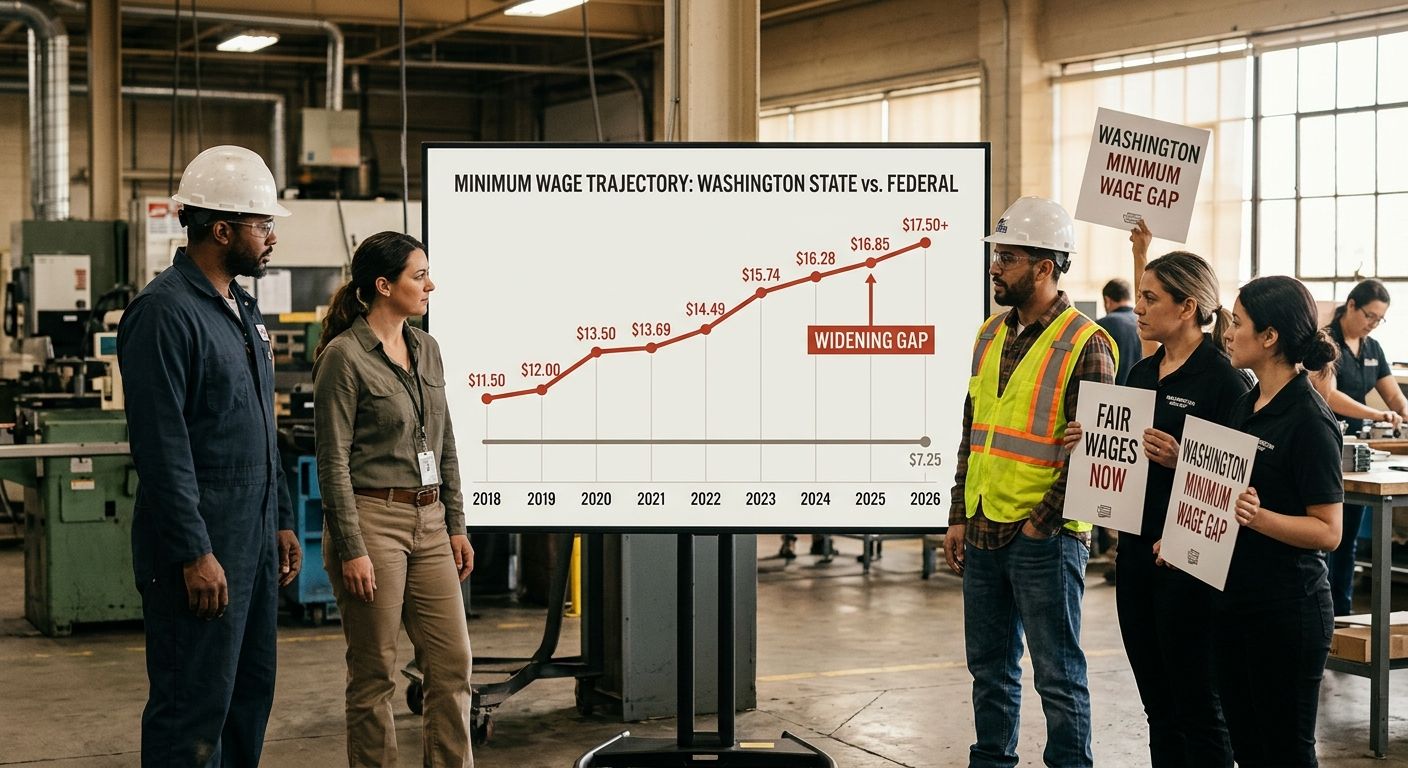 Line graph comparing Washington State's minimum wage trajectory from 2018 to 2026 against the federal minimum wage of $7.25, showing the widening gap between the two over time with data points for eac