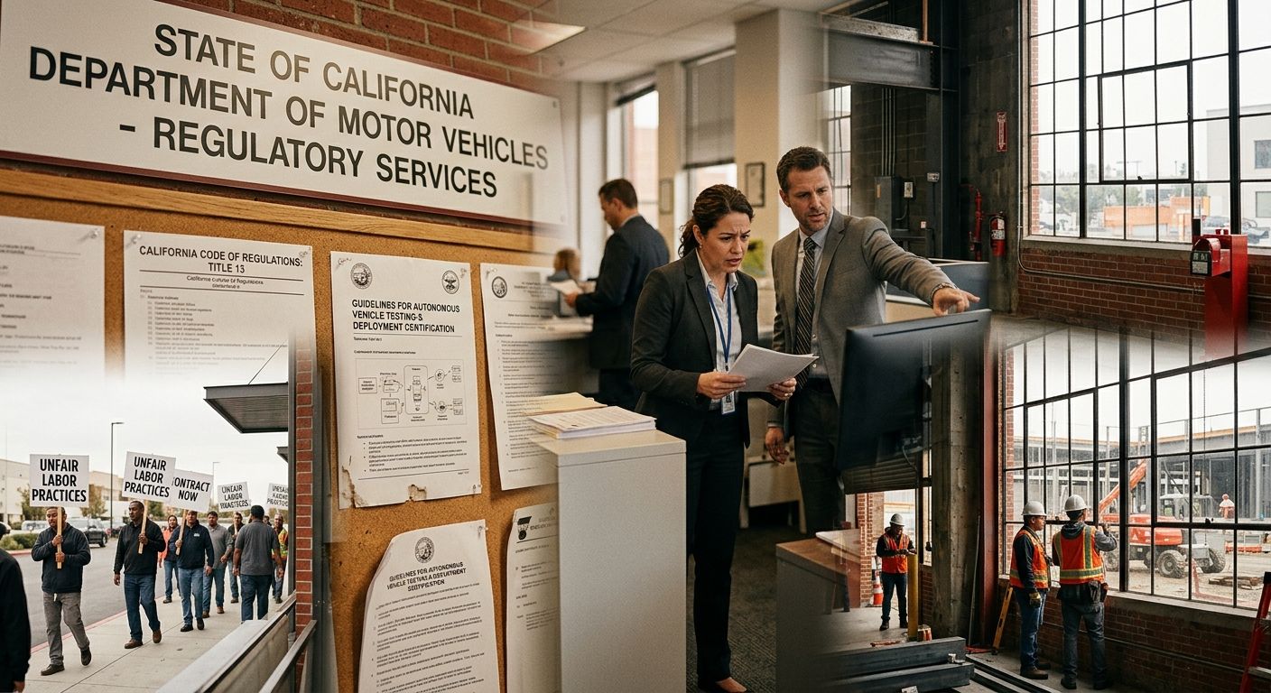 California DMV office building with regulatory documents and autonomous vehicle certification guidelines