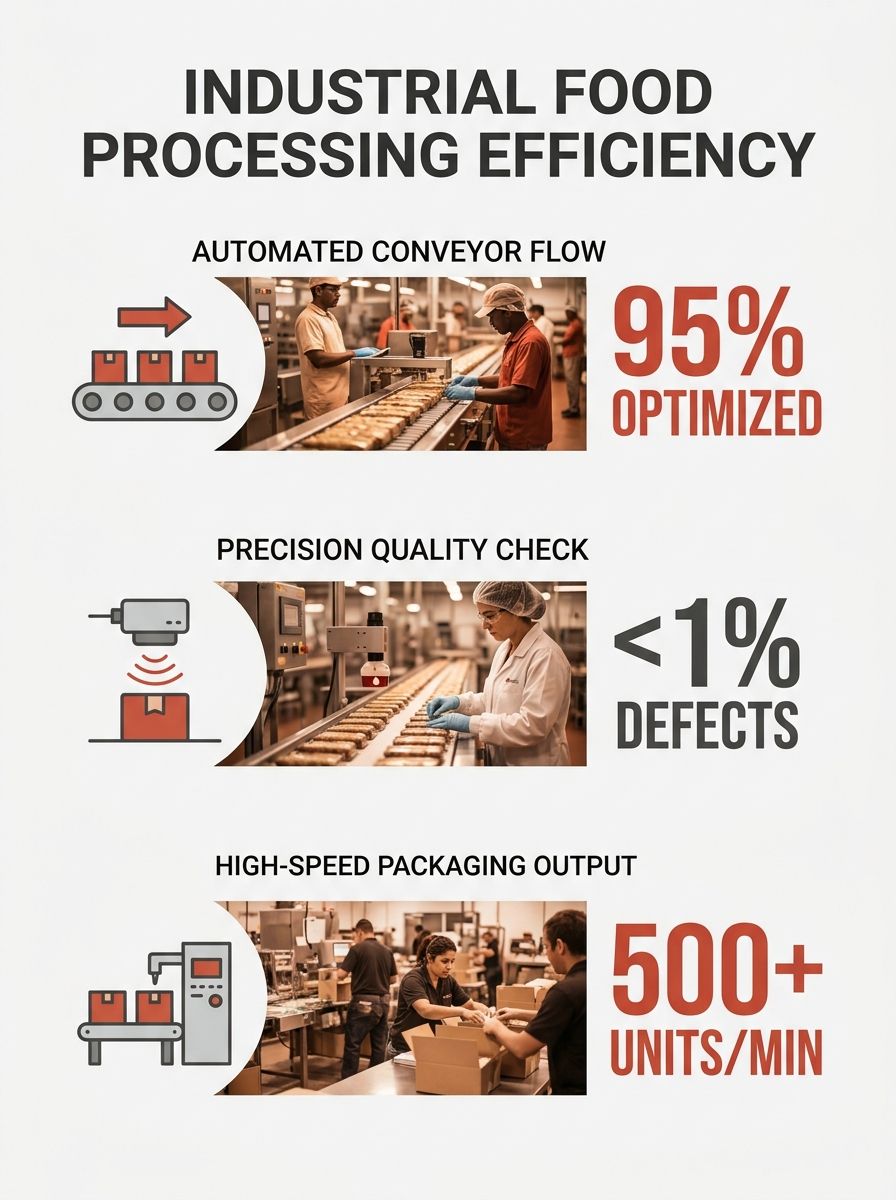 Industrial food processing facility with conveyor systems and packaging equipment