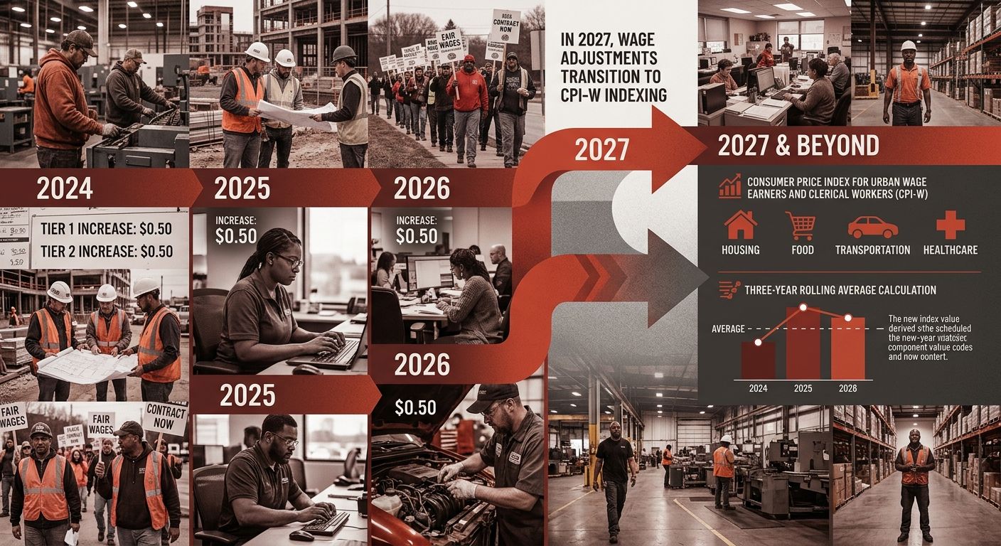 An infographic timeline from 2024 to 2027 and beyond, showing the scheduled $0.50 annual increases for both tiers with dollar amounts, then a transition arrow to CPI-W indexing in 2027, with icons rep