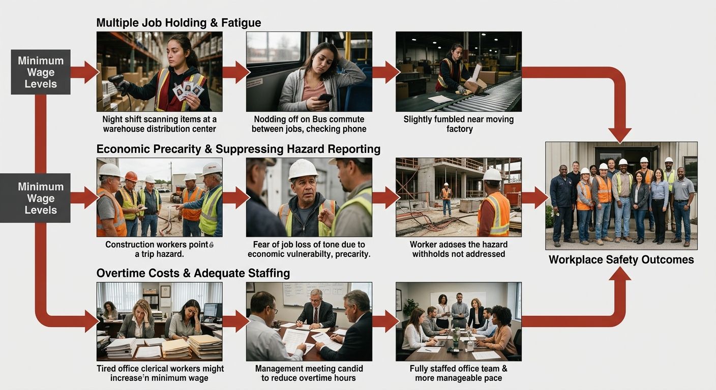 Diagram showing three pathways connecting minimum wage levels to workplace safety outcomes: multiple job holding leading to fatigue, economic precarity suppressing hazard reporting, and overtime costs