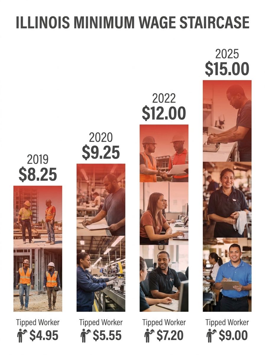 Infographic showing the Illinois minimum wage staircase from $8.25 in 2019 to $15.00 in 2025, with each annual step labeled by year and the corresponding tipped worker rate below, displayed as ascendi