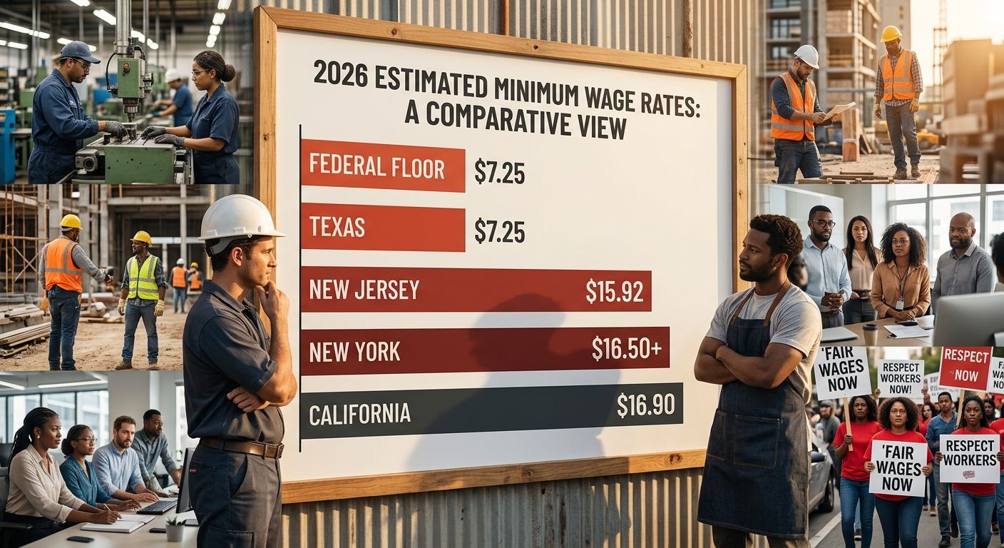 a side-by-side bar chart comparing 2026 minimum wage rates across New Jersey ($15.92), New York ($16.50+), California ($16.90), Texas ($7.25), and the federal floor ($7.25), with each bar labeled clea