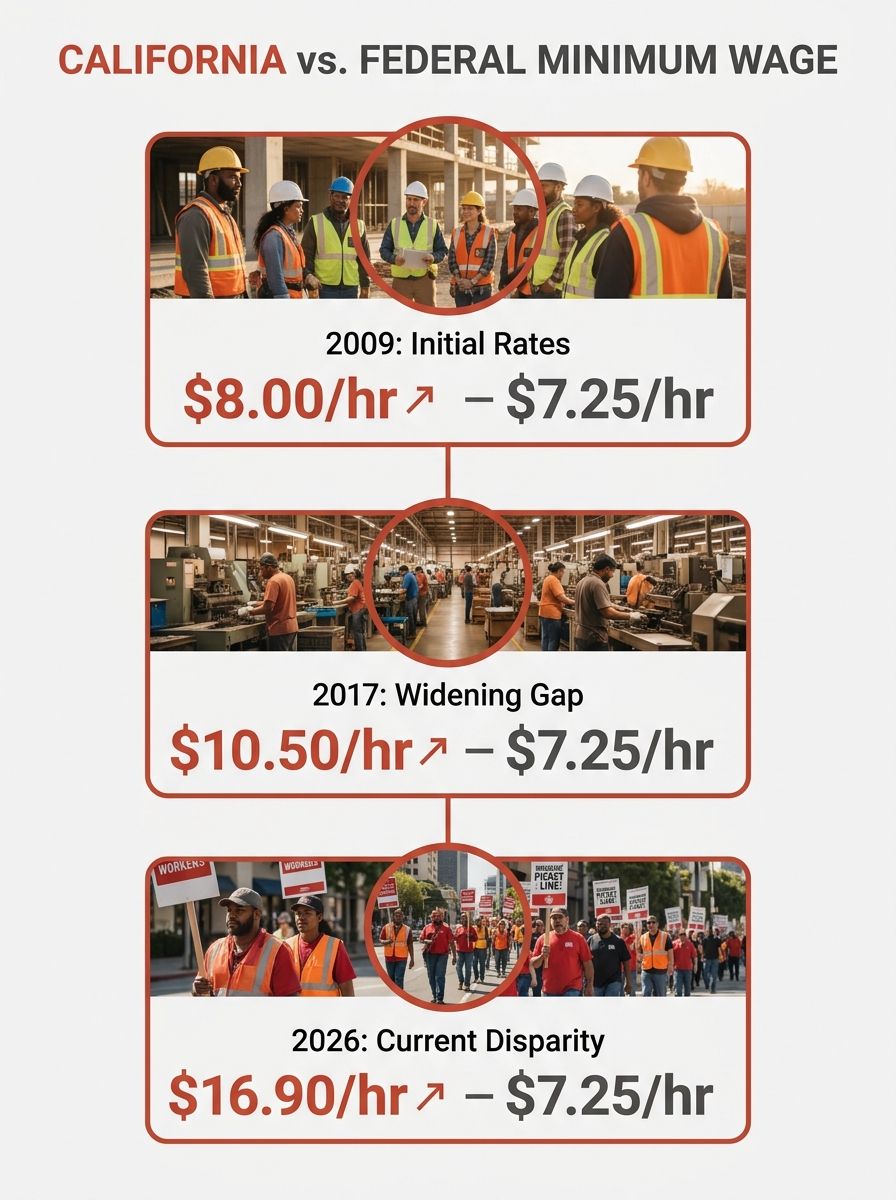 Infographic comparing California's $16.90/hour minimum wage to the federal $7.25/hour rate, showing the gap widening from 2009 to 2026 on a timeline