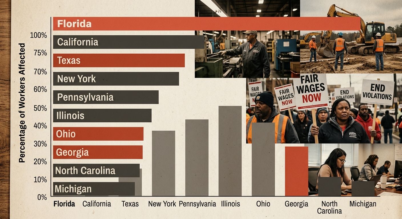 bar chart comparing minimum wage violation rates across the ten most populous U.S. states, with Florida highlighted at the top, showing the percentage of workers affected