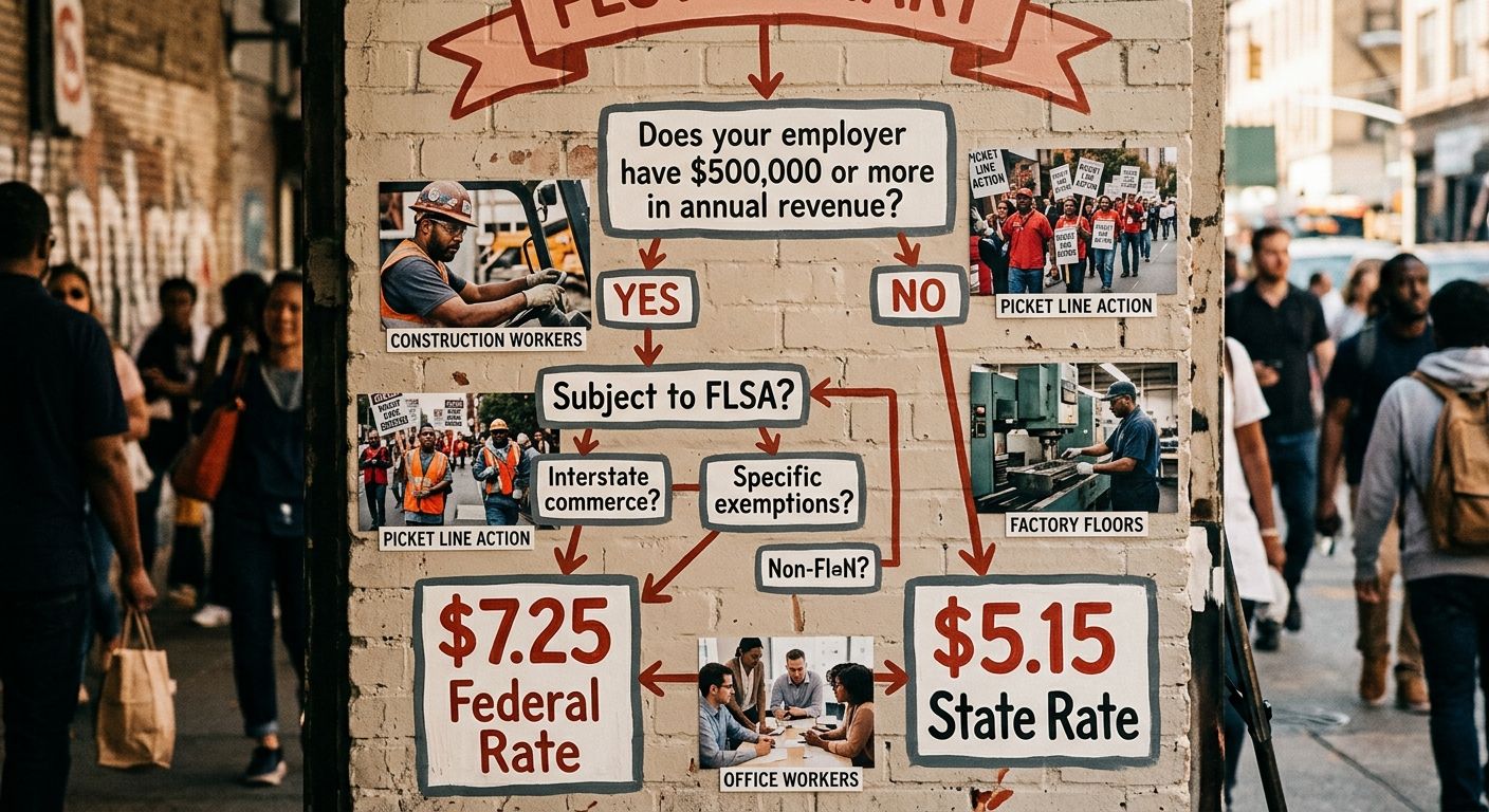 A flowchart diagram showing the decision tree for Georgia minimum wage determination, starting with the question Does your employer have $500,000 or more in annual revenue, branching to FLSA coverage