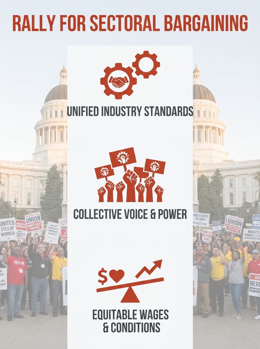 Workers holding union signs at a rally for sectoral bargaining rights, with state capitol building in background