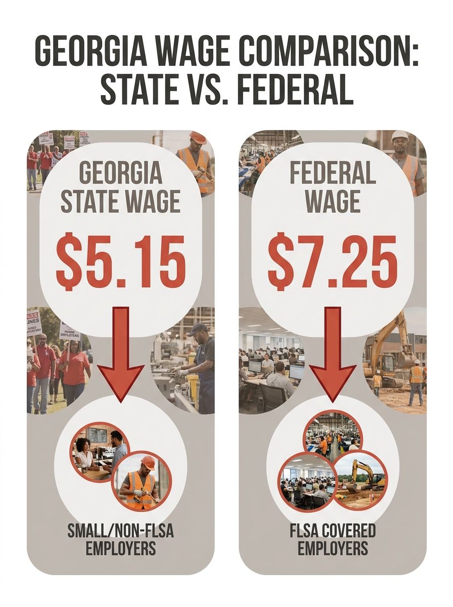 A side-by-side comparison diagram showing Georgia's $5.15 state minimum wage on one side and the federal $7.25 minimum wage on the other, with arrows indicating which employers fall under each rate ba