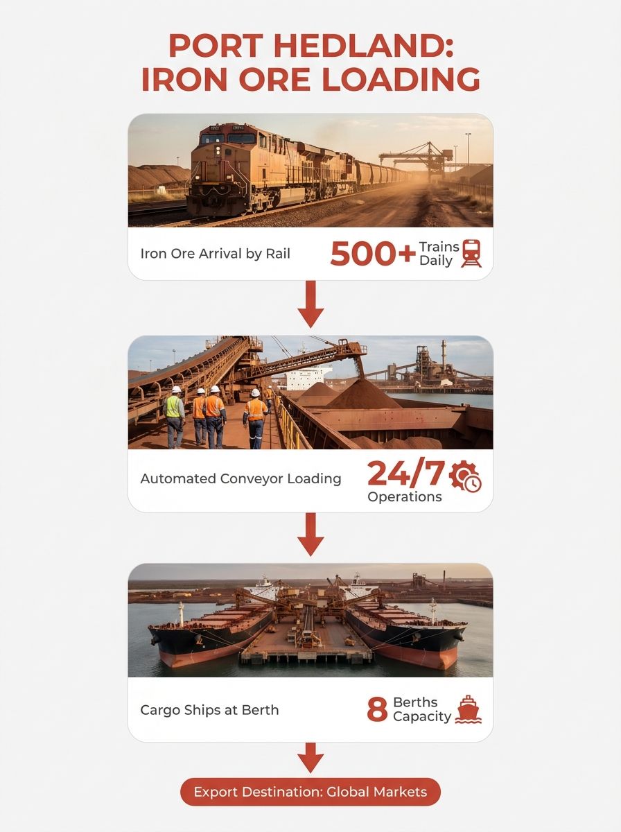 Iron ore loading facilities at Port Hedland with cargo ships docked at berths