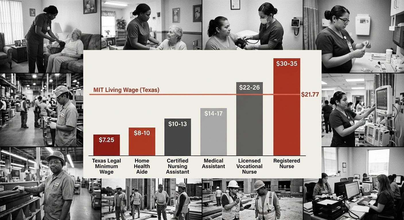 A bar chart comparing the Texas legal minimum wage of $7.25 with actual starting wages across healthcare roles: home health aide ($8-10), certified nursing assistant ($10-13), medical assistant ($14-1