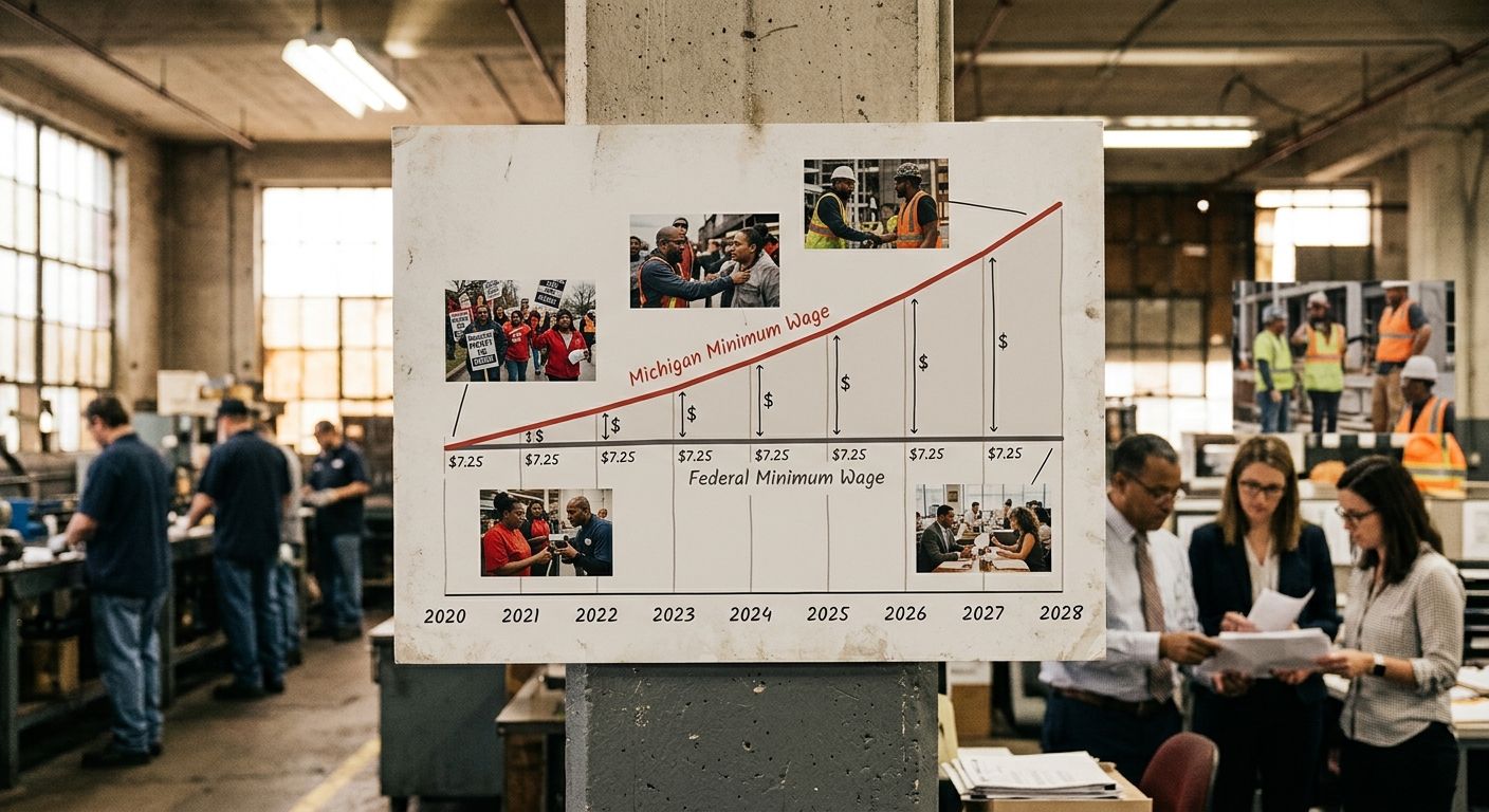 Side-by-side comparison chart showing the Michigan minimum wage rate versus the federal minimum wage of $7.25, with the growing gap between them illustrated from 2020 through 2028 projected
