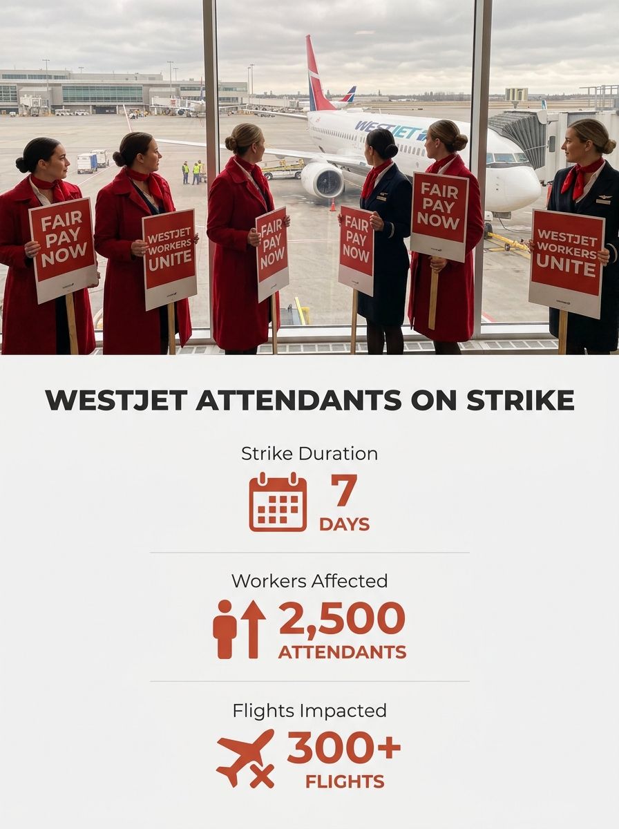 WestJet aircraft at gate with flight attendants on strike