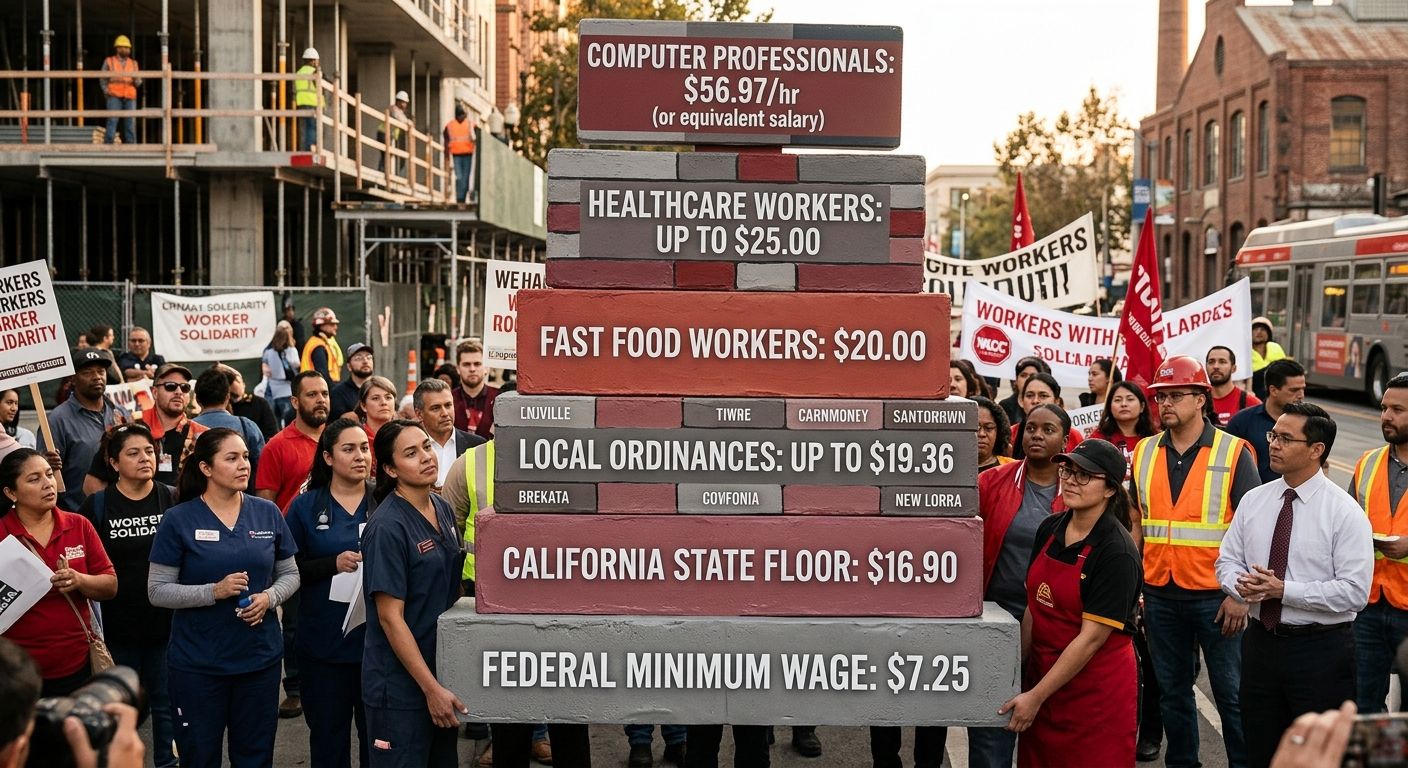 Diagram showing California's layered minimum wage structure as stacked tiers, federal floor at $7.25, state floor at $16.90, local ordinances up to $19.36, fast food at $20.00, healthcare up to $25.00