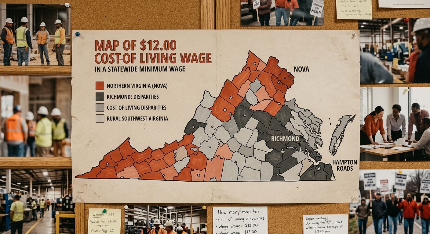 A map of Virginia highlighting cost-of-living differences between Northern Virginia, Richmond, Hampton Roads, and rural Southwest Virginia, with color-coded shading showing how a single statewide $12.