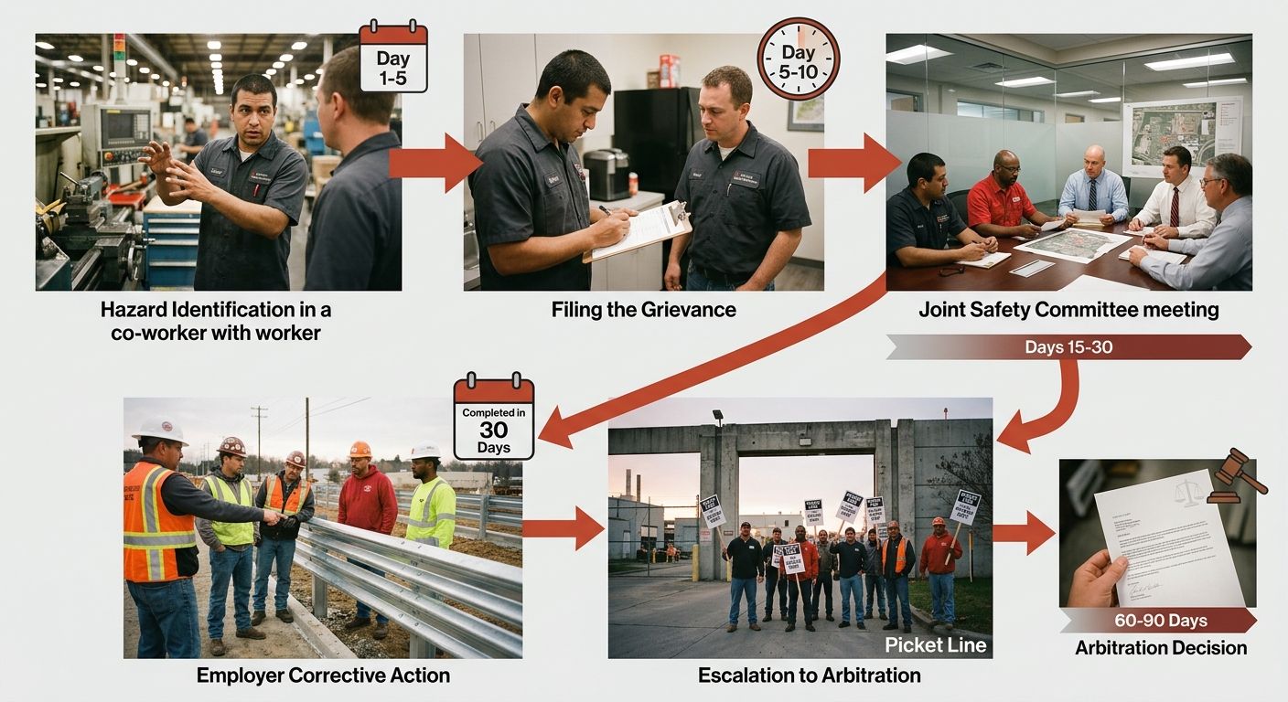 A flowchart showing how a CBA safety grievance moves from hazard identification by a worker through the joint safety committee review process to employer corrective action or arbitration, with timelin