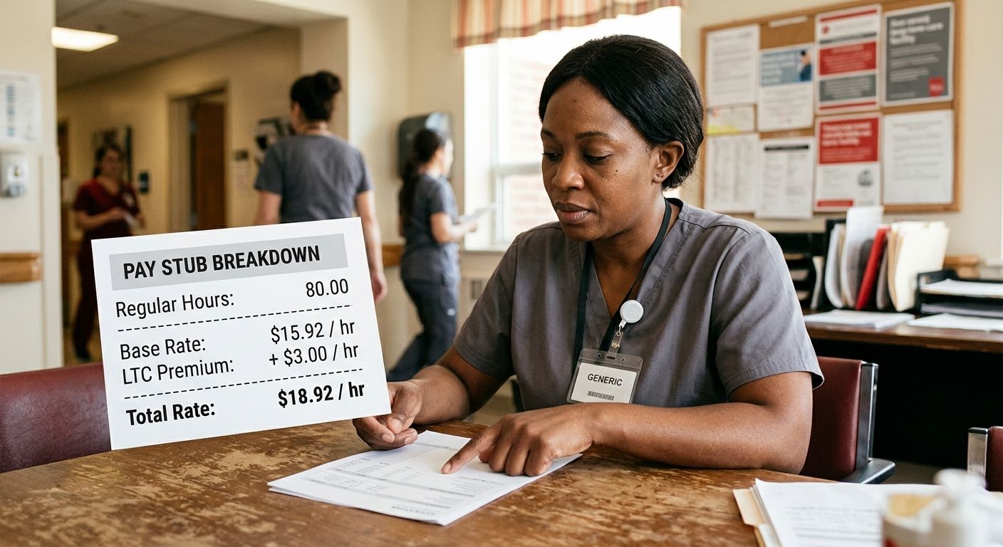 an illustration showing a healthcare worker in scrubs beside a pay stub breakdown, with the $15.92 base rate and the $3.00 long-term care premium visually stacked to show the total $18.92 rate