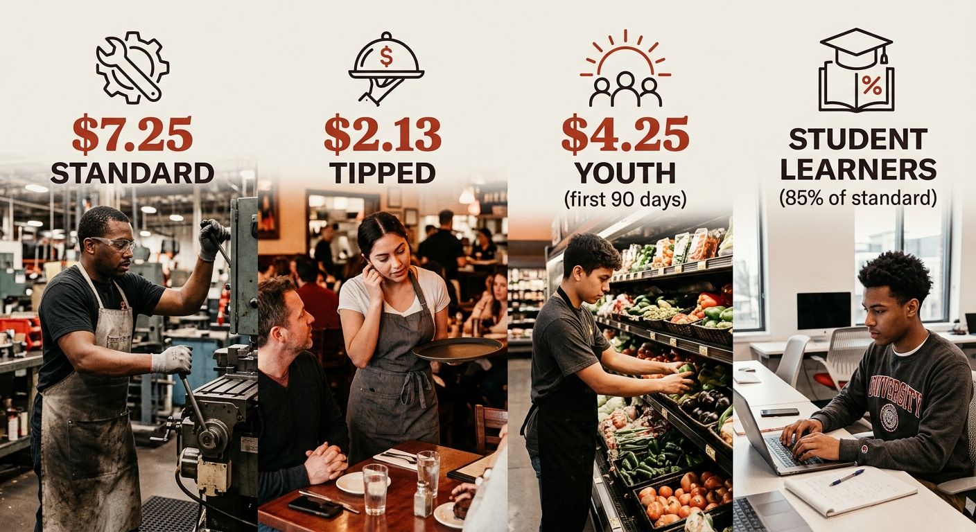 a visual breakdown showing the different federal minimum wage tiers - standard $7.25, tipped $2.13, youth $4.25, and student 85% rates with icons representing each worker category