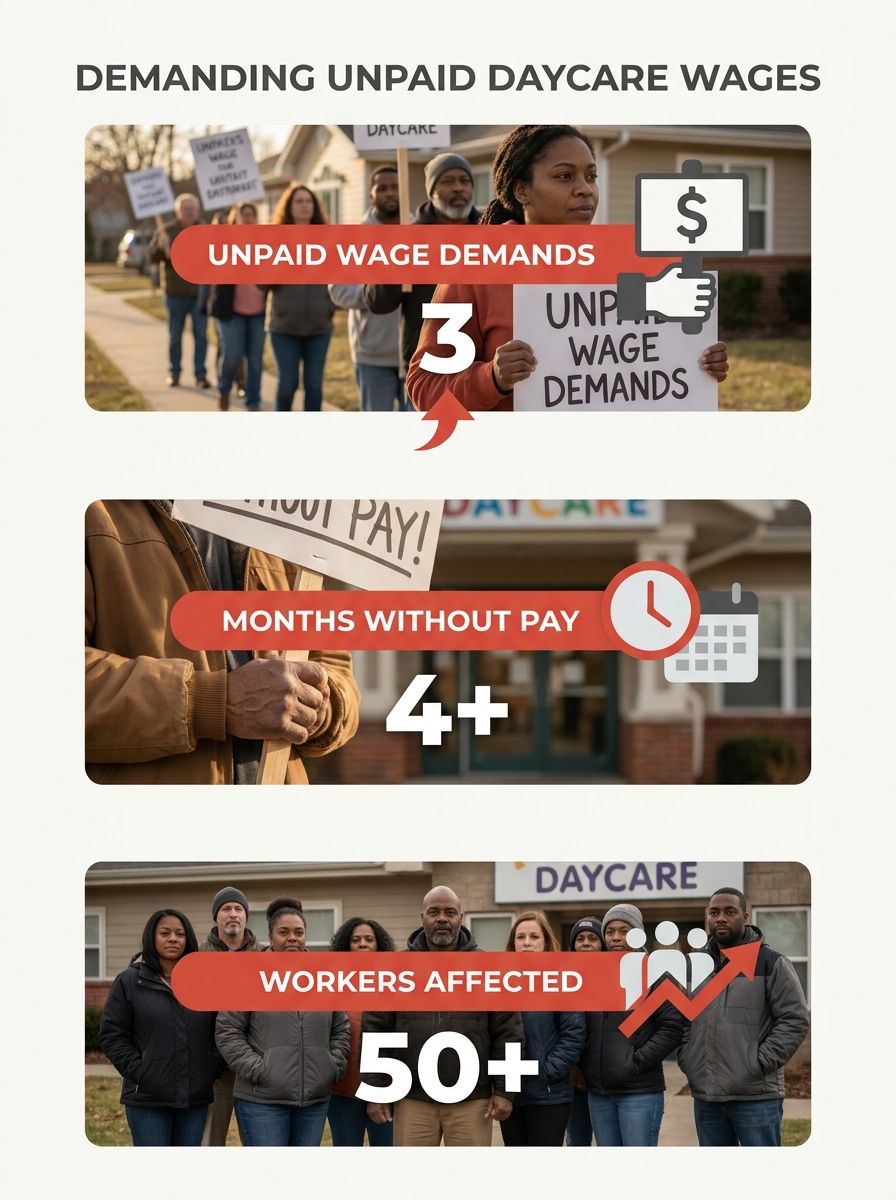 Workers holding protest signs outside daycare center demanding payment of wages