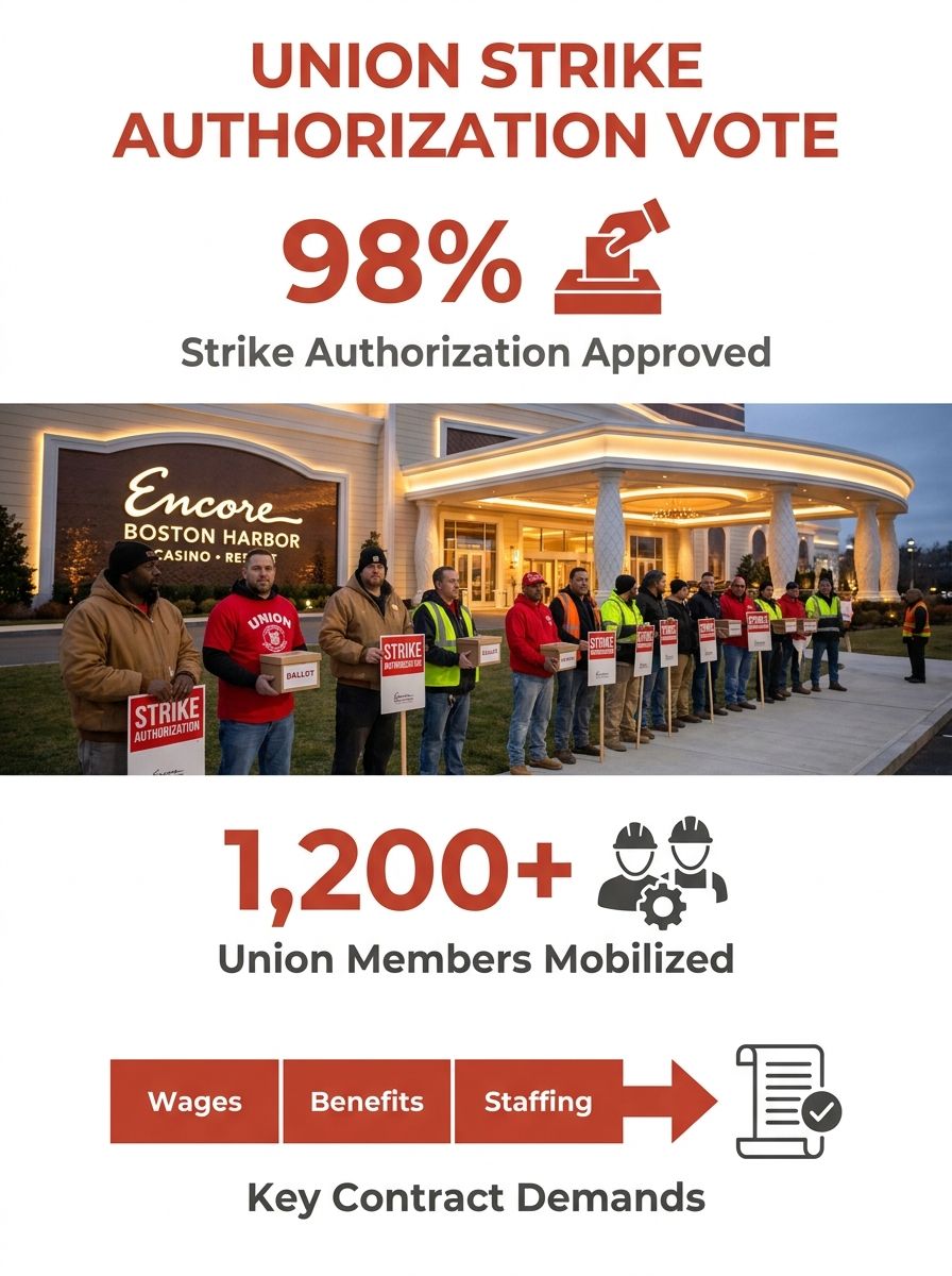Union members holding strike authorization ballots outside Encore Boston Harbor casino resort in Everett, Massachusetts