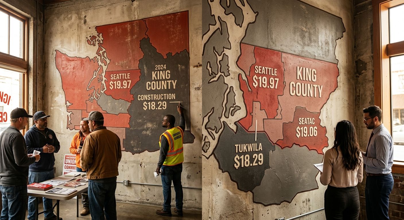 A map of Washington state highlighting Seattle, SeaTac, Tukwila, and King County with their respective 2024 minimum wage rates displayed as labels on each shaded region