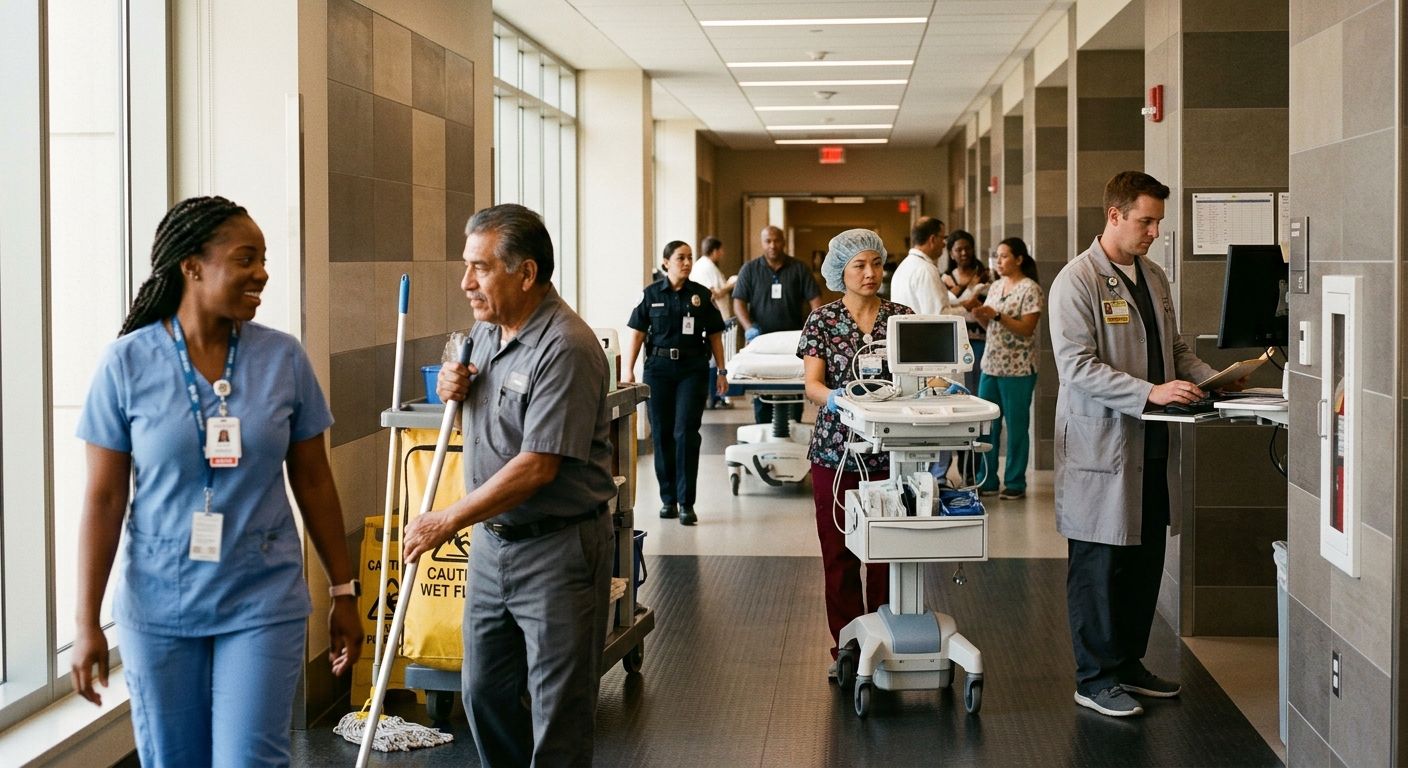 A hospital hallway scene showing diverse healthcare workers, nurses, custodial staff, and technicians, representing the range of workers covered by California's healthcare minimum wage law