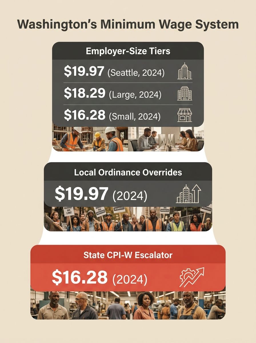 Infographic showing the three-layer structure of Washington's minimum wage system with the state CPI-W escalator at the base at $16.28 in 2024, local ordinance overrides in the middle, and employer-si