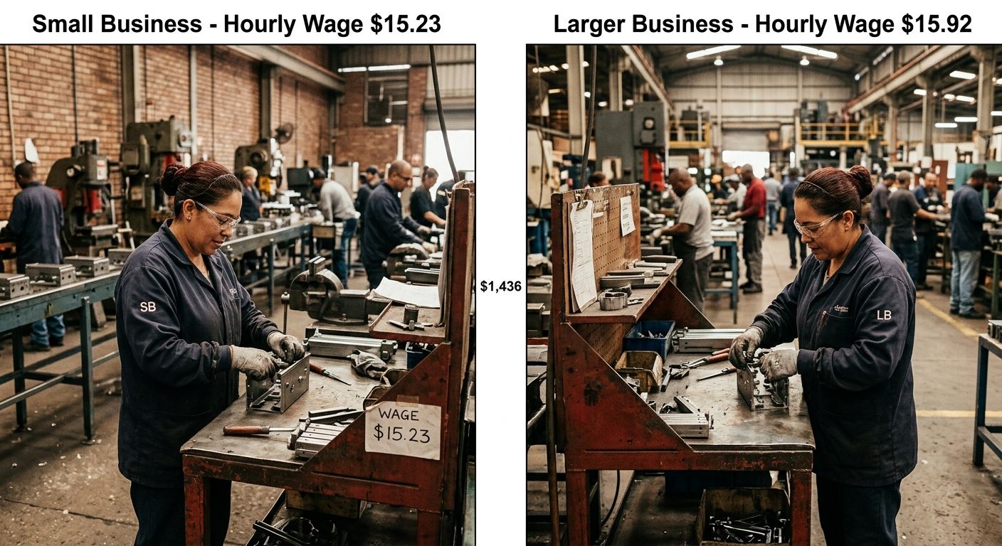 A side-by-side illustration showing two workers doing identical jobs, one at a small business earning $15.23 and one at a larger business earning $15.92, with a visual gap representing the $1,436 annu
