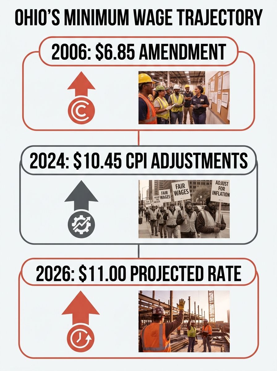 An infographic showing Ohio's minimum wage trajectory from 2006 ($6.85) through 2024 ($10.45) to 2026 ($11.00), with key milestones marked including the 2006 constitutional amendment and annual CPI ad