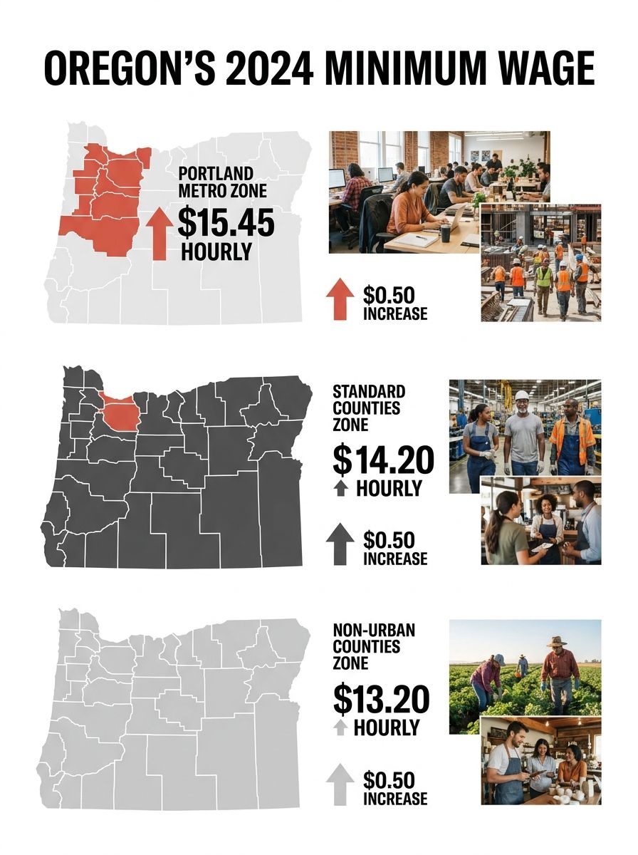 Infographic showing Oregon's three-tier minimum wage map with Portland metro highlighted in one color, standard counties in another, and non-urban counties in a third, displaying the 2024 hourly rates