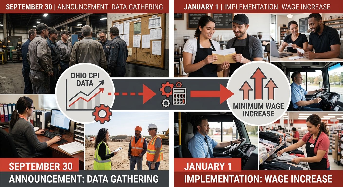 A side-by-side comparison diagram showing Ohio's CPI-based wage adjustment process, September 30 announcement, January 1 implementation, with arrows connecting CPI data to the final rate calculation