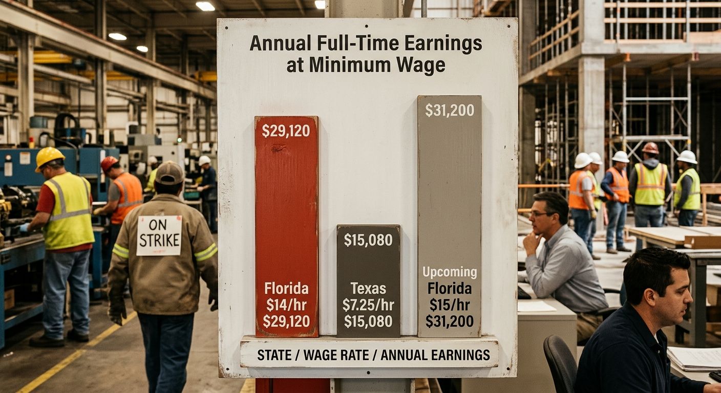 A side-by-side bar chart comparing annual full-time earnings at minimum wage in Florida ($29,120 at $14/hr), Texas ($15,080 at $7.25/hr), and the upcoming Florida rate ($31,200 at $15/hr)