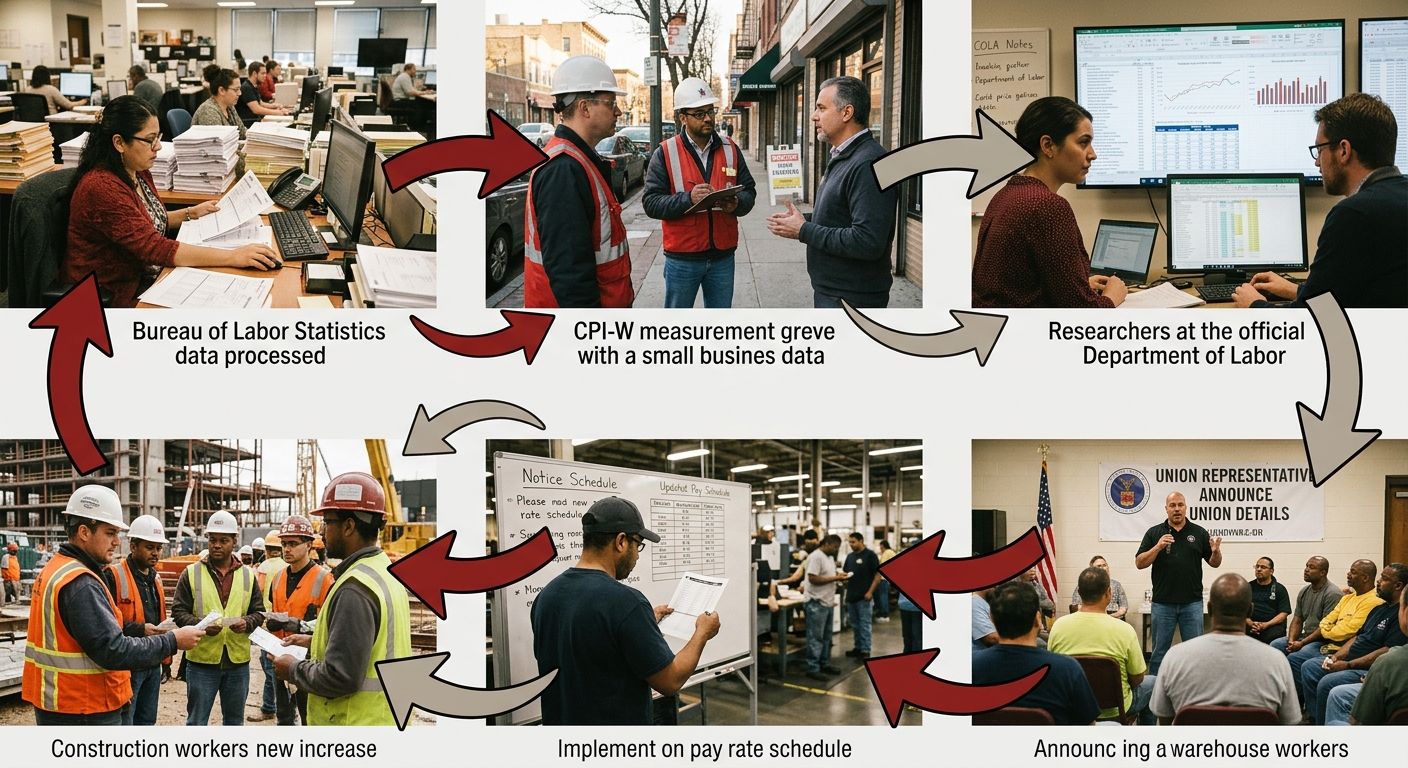 diagram showing the CPI adjustment mechanism cycle, starting with CPI-W measurement, moving to Department of Labor calculation, fall announcement, and January 1 effective date, with arrows showing the