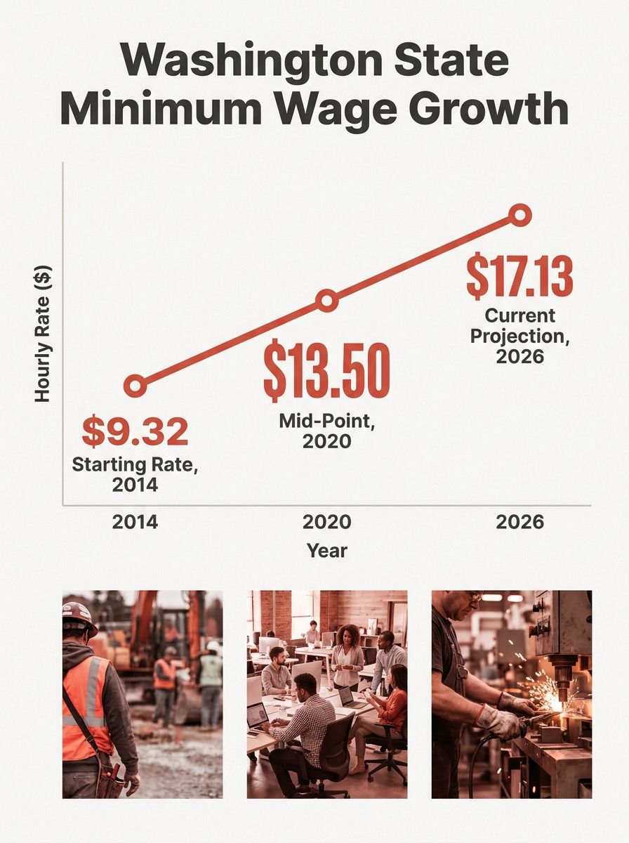 A line chart showing Washington state minimum wage from 2014 to 2026, with data points at each year marking the hourly rate, ending at $17.13 in 2026