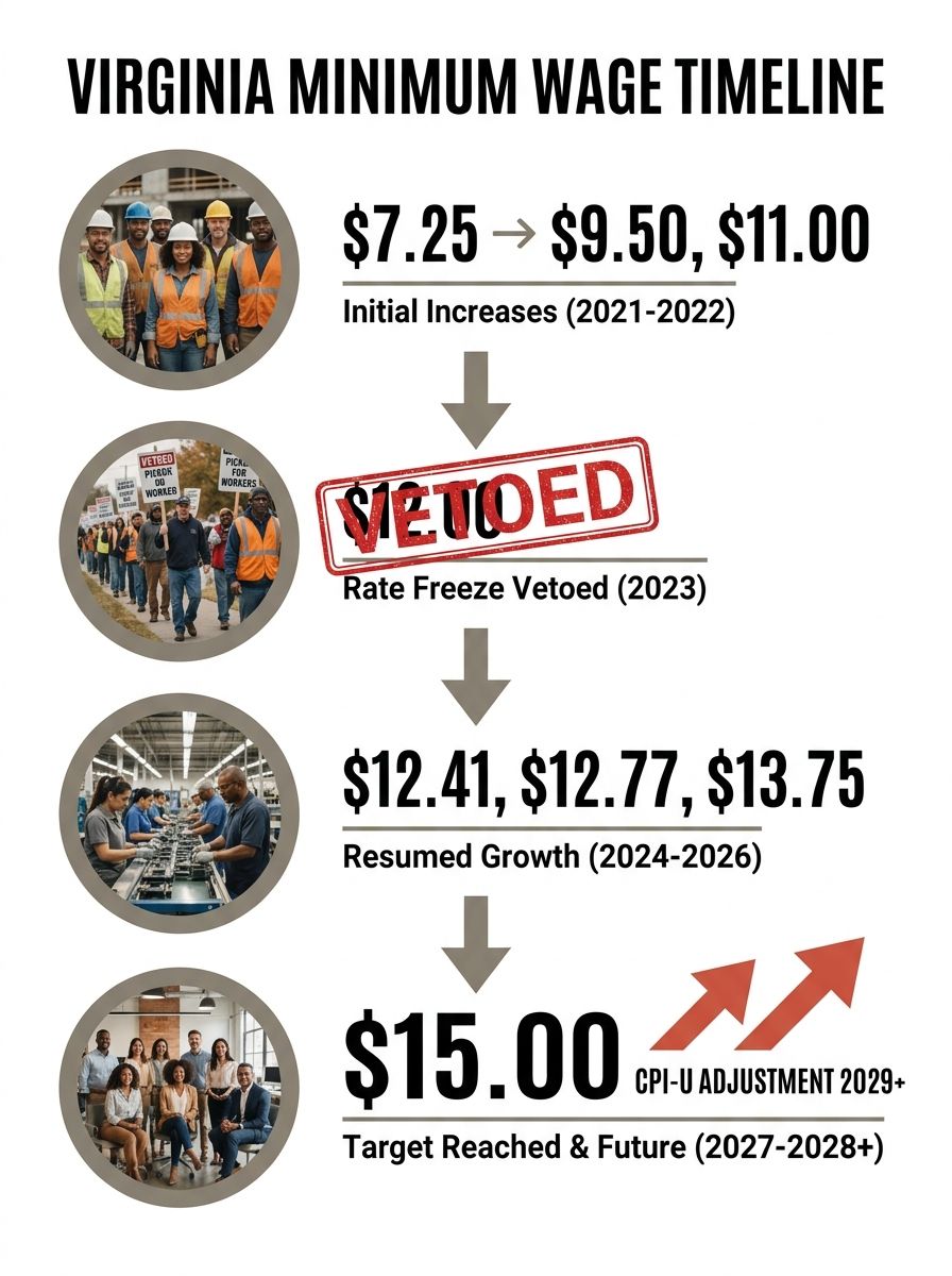 A timeline infographic showing Virginia's minimum wage from 2021 to 2028, with $7.25 as the starting federal rate, then $9.50, $11.00, $12.00 with a red VETOED marker showing the freeze period, then $