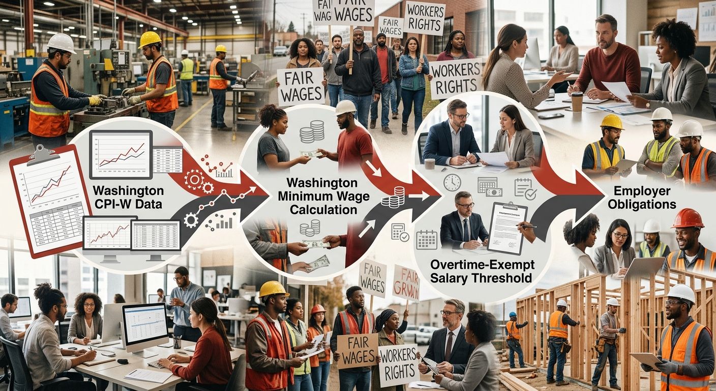 Diagram showing the connection between Washington's CPI-W data, minimum wage calculation, and overtime-exempt salary threshold, with arrows indicating the flow from federal data to state rate to emplo