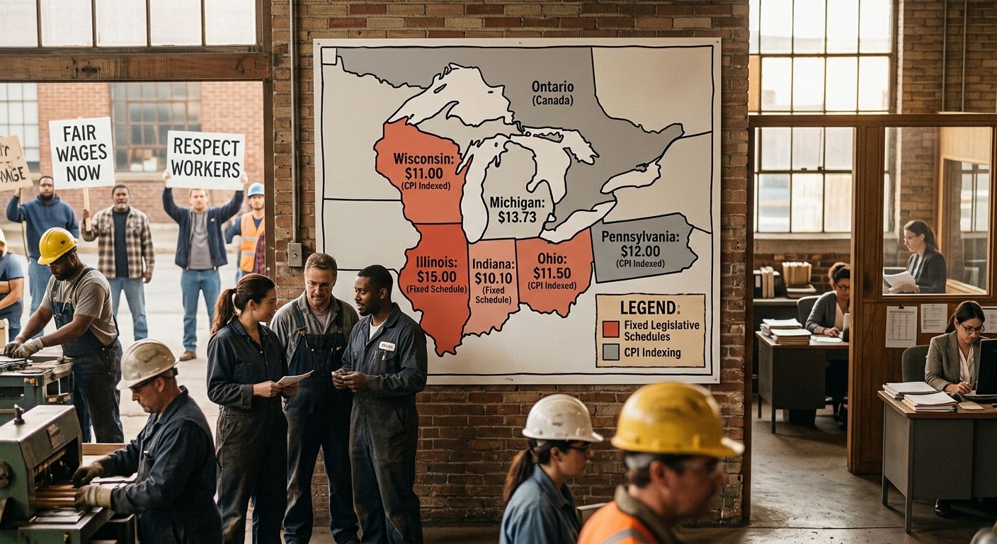 Map of the Great Lakes region showing Michigan's $13.73 minimum wage alongside neighboring states' 2026 rates, with color coding to indicate which states use CPI indexing versus fixed legislative sche