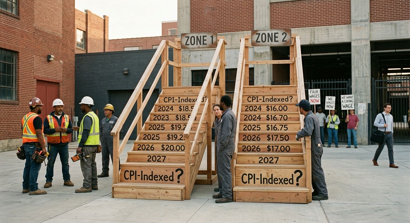 An infographic showing a timeline staircase from 2024 to 2027, with two parallel staircases (one for Zone 1, one for Zone 2), each step labeled with the minimum wage rate for that year, and the 2027 s