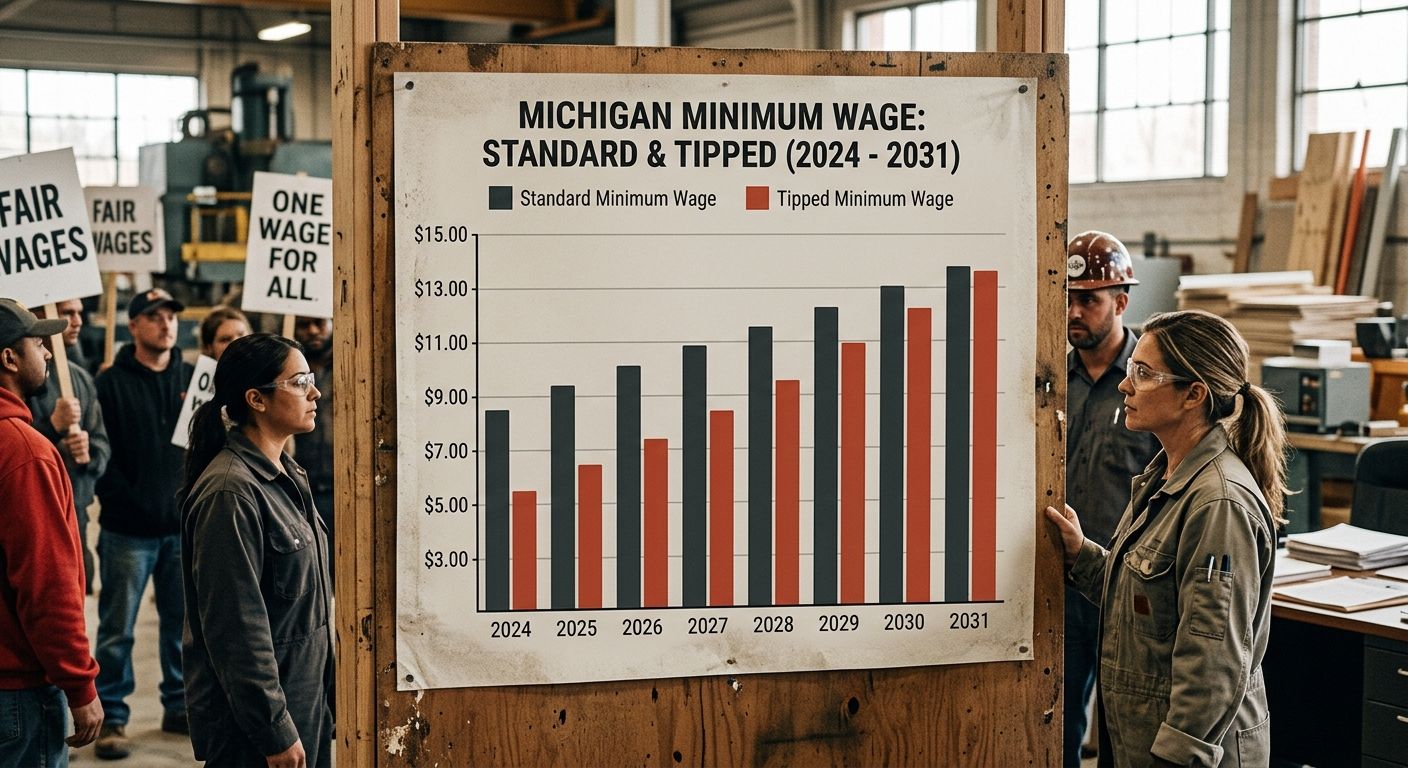 A bar chart comparing Michigan's standard minimum wage and tipped minimum wage side by side from 2024 through 2031, showing the tipped rate gradually converging toward the standard rate