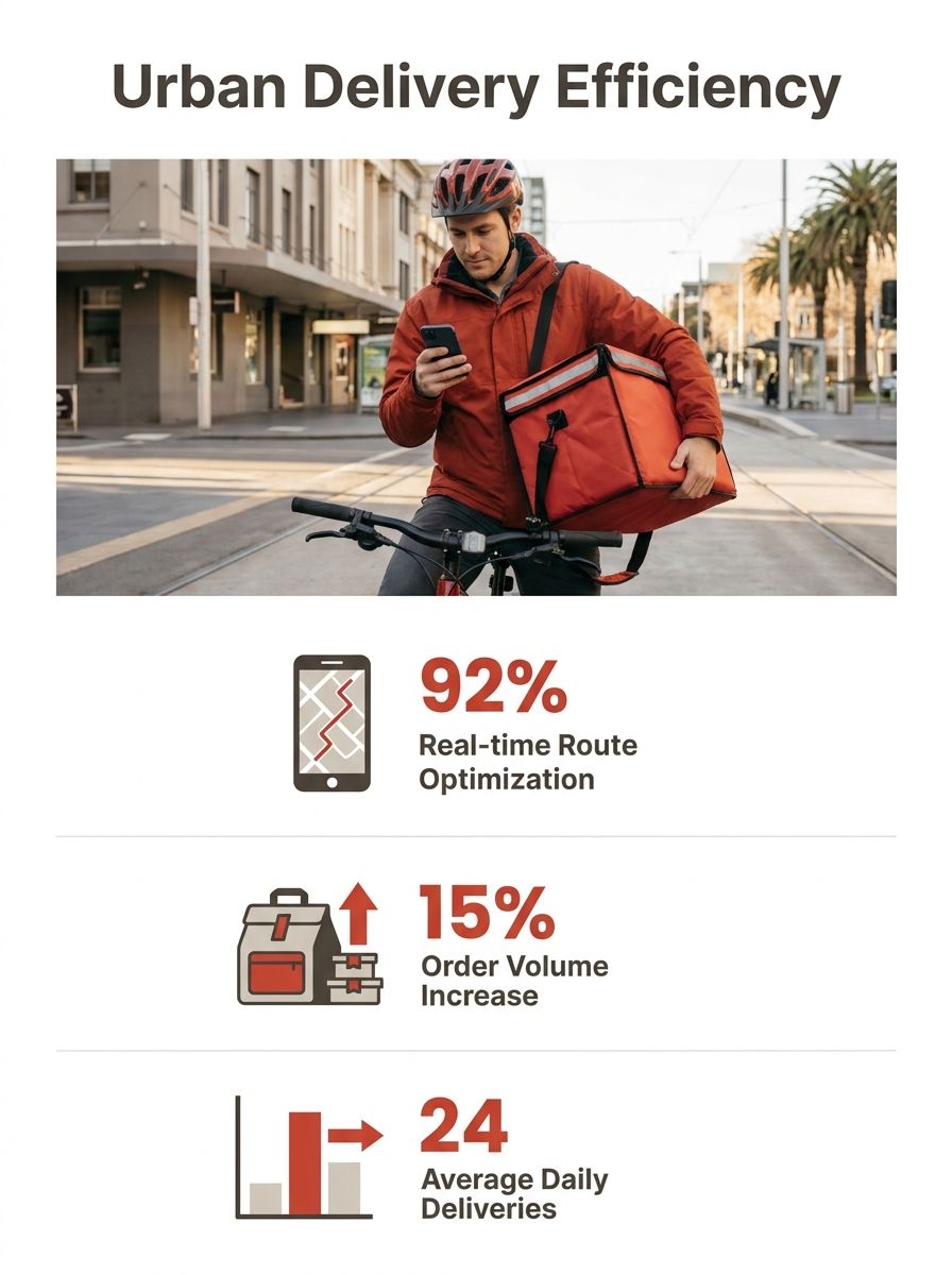 Delivery worker on bicycle checking smartphone app while holding insulated food delivery bag in urban Australian street