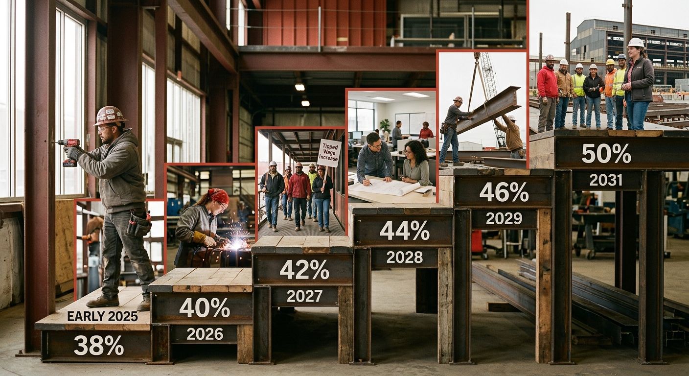 Staircase diagram showing the tipped wage percentage rising from 38% in early 2025 to 40% in 2026, with projected steps to 42% in 2027, 44% in 2028, continuing up to 50% in 2031