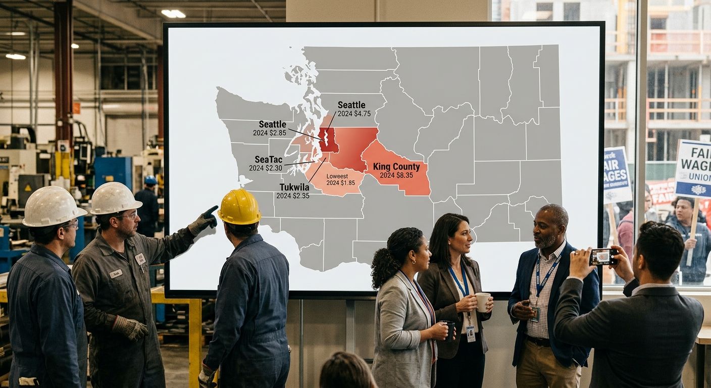 Map of Washington State highlighting Seattle, SeaTac, Tukwila, and King County as distinct minimum wage zones, with each area's 2024 rate labeled and color-coded from lowest to highest