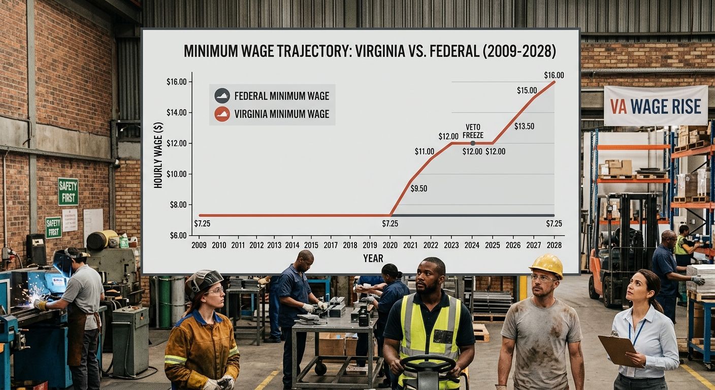 A side-by-side comparison chart showing Virginia's minimum wage rate versus the federal minimum wage from 2009 to 2028, with Virginia's line flat at $7.25 until 2021, then climbing through the schedul