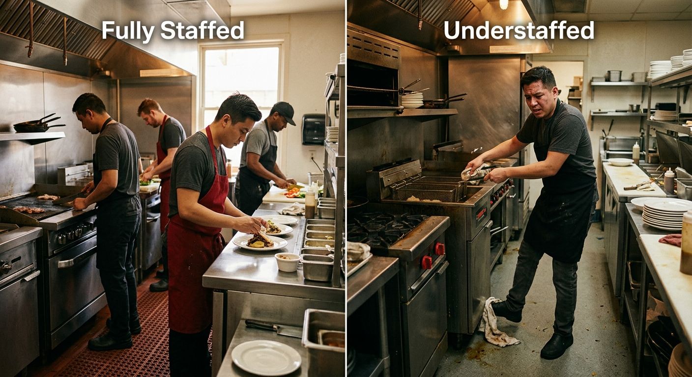 Split panel illustration of a restaurant kitchen comparing a fully staffed kitchen on the left side with workers handling dedicated tasks versus an understaffed kitchen on the right with fewer workers