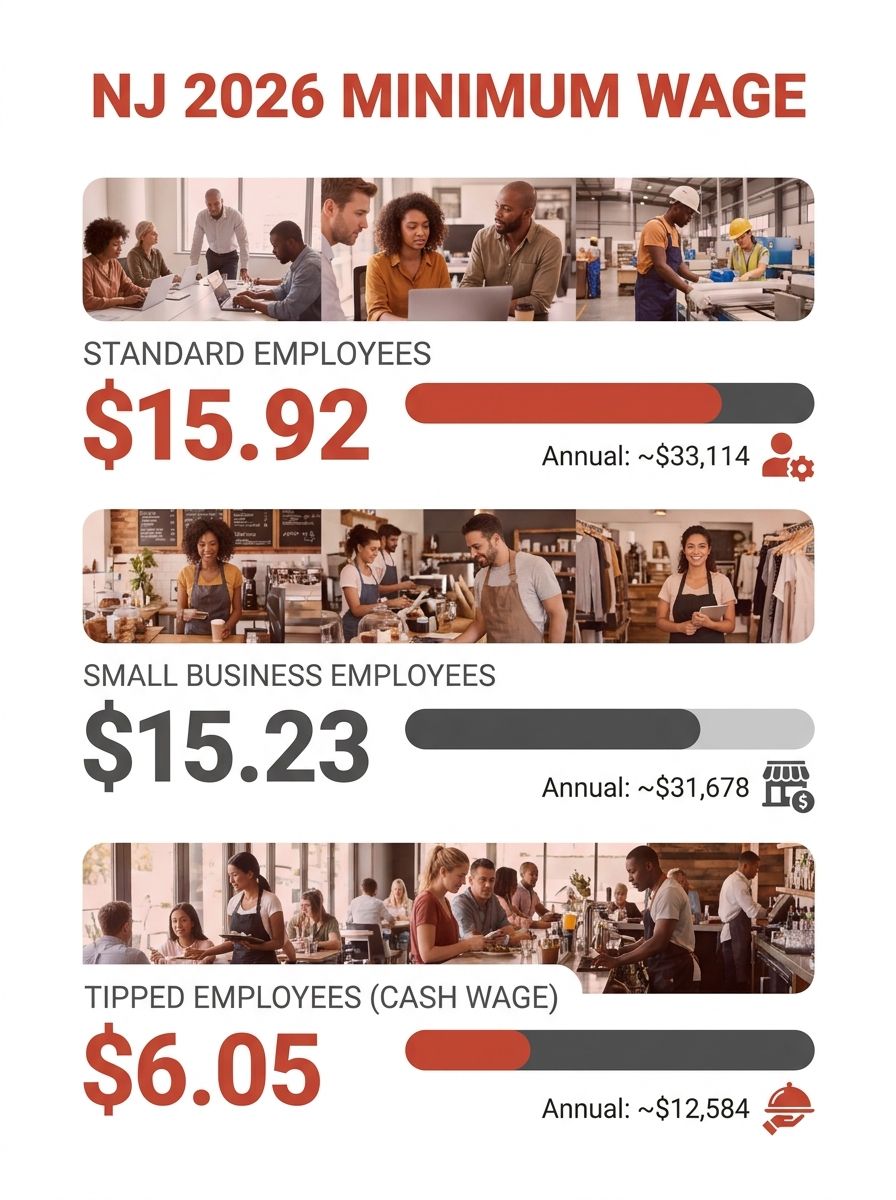 An infographic showing three tiers of New Jersey minimum wage rates for 2026, with columns for standard employees at $15.92, small business employees at $15.23, and tipped employees at $6.05 cash wage
