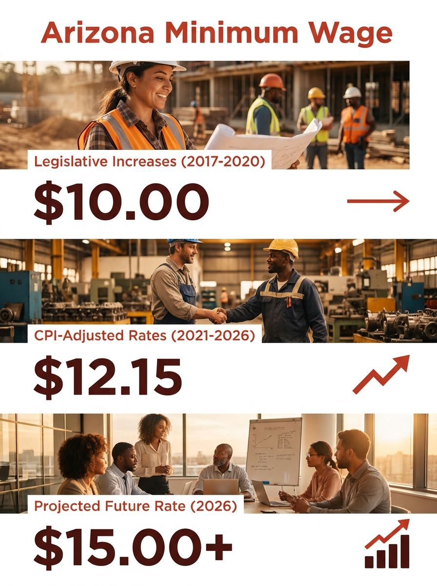 Infographic showing Arizona minimum wage increases from 2017 to 2026, with bars for each year's rate, distinguishing between the fixed legislative schedule (2017-2020) and CPI-adjusted rates (2021-202