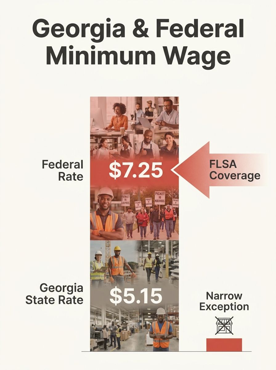 An infographic showing two stacked bars comparing Georgia's state minimum wage of $5.15 and the federal minimum wage of $7.25, with an arrow labeled FLSA Coverage indicating which rate applies to most