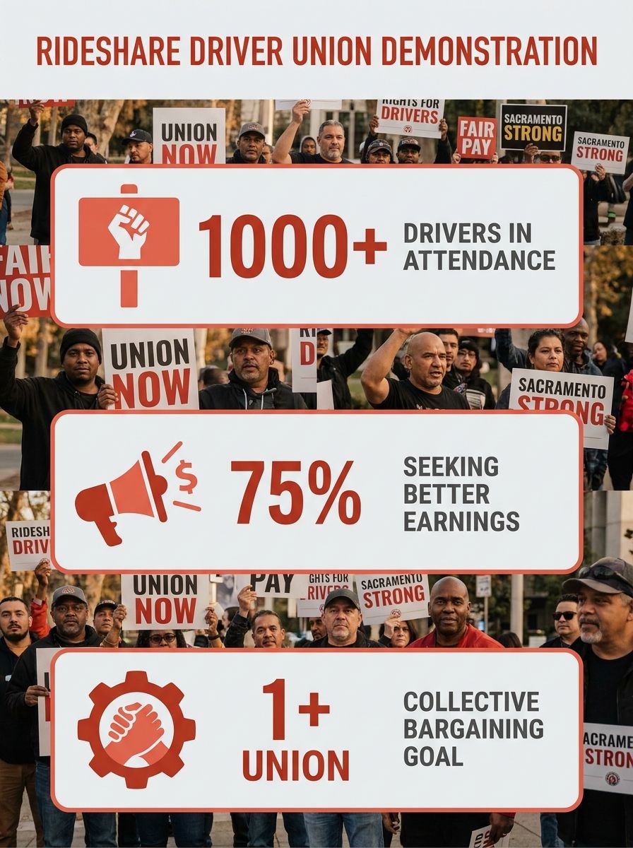 Rideshare drivers holding union signs at a demonstration in Sacramento