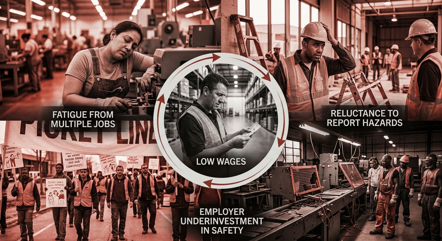 illustration showing the cycle connecting low wages to workplace safety risks, depicting fatigue from multiple jobs, reluctance to report hazards, and employer underinvestment in safety, arranged in a