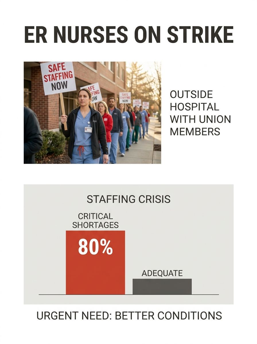 Emergency room nurse on picket line holding strike sign outside hospital with union members